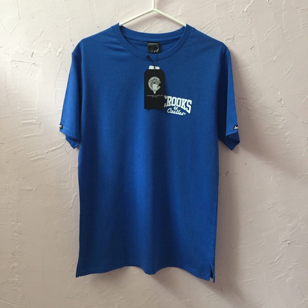 OG Crooks & Castles Classic Royal Blue Crewneck Tee Shirt Blank Box Cut Style